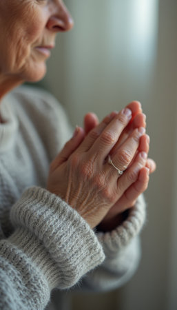 An elderly womanâs hands are gently clasped together in a moment of prayer, showcasing her delicate features and a silver ring. The soft light filtering through the window creates a serene atmosphere, highlighting the warmth and tranquility of her contemplative moment.の素材