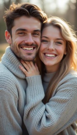 A happy couple, a man and a woman, share a warm embrace, both wearing soft gray sweaters, radiating love and joy. Their genuine smiles and close connection create an inviting atmosphere, perfect for capturing the essence of romance and companionship.の素材