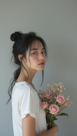A young Asian woman with a soft expression gazes thoughtfully while holding a bouquet of delicate pink roses and dried flowers. The gentle colors and her serene demeanor evoke a sense of calm and beauty, celebrating the elegance of nature and femininity.の素材