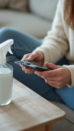 A young woman in a cozy sweater holds her smartphone, preparing to disinfect it with a spray bottle nearby. This image captures the essence of hygiene and self-care in a modern lifestyle, emphasizing the importance of cleanliness in our daily routines.の素材