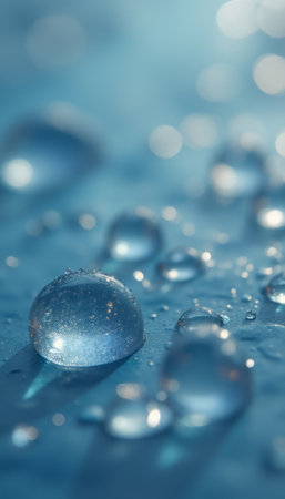 A close-up view of shimmering water droplets resting on a tranquil blue background, creating a soothing and refreshing atmosphere. The interplay of light and shadow enhances the beauty of each droplet, evoking feelings of calmness and clarity.の素材