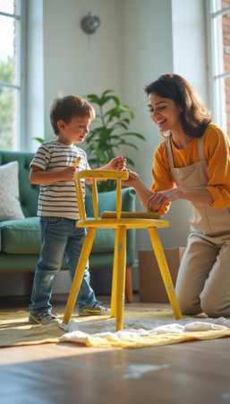 A cheerful mother and her young son are engaged in a creative activity, painting a bright yellow chair in a sunlit room. The scene radiates warmth and joy, showcasing the bond between them as they share this fun and artistic moment.の素材