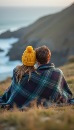 A young couple sits closely together on a grassy hill, wrapped in a warm plaid blanket, gazing at the serene ocean view. Their cozy attire and the golden sunset create a romantic atmosphere, highlighting their connection and the beauty of nature.の素材