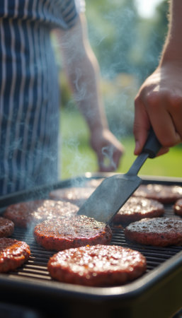 A close-up of sizzling burgers on a grill, with a hand expertly flipping one with a spatula. The image captures the essence of summer barbecues, evoking feelings of joy and delicious anticipation.の素材