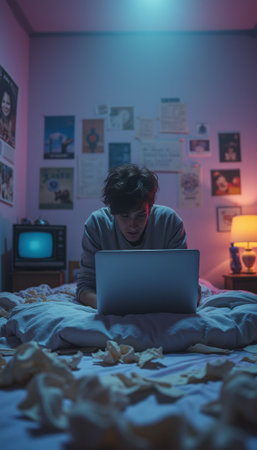 A focused young man sits on a bed, illuminated by the glow of his laptop, surrounded by scattered banana peels. The cozy yet chaotic atmosphere reflects a blend of creativity and late-night inspiration, capturing the essence of modern digital life.の素材