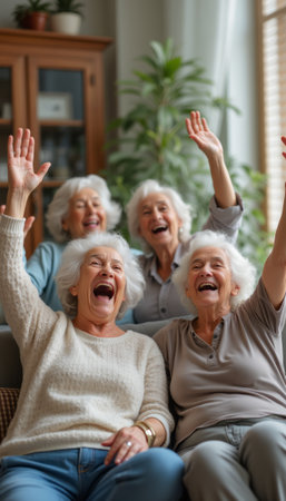 A group of four cheerful elderly women with silver hair are joyfully raising their hands in a cozy living room. Their laughter and vibrant expressions radiate warmth and friendship, capturing a moment of pure happiness and connection.の素材