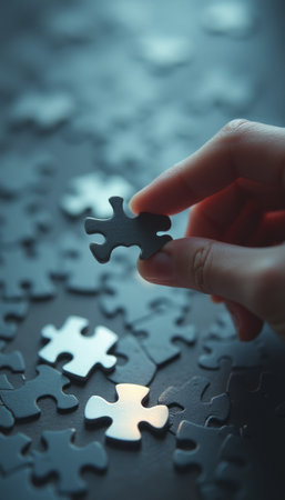 A close-up shot captures a hand delicately holding a single puzzle piece above a chaotic spread of various puzzle pieces. This image evokes a sense of focus and determination, highlighting the joy of problem-solving and the satisfaction of completing a puzzle.の素材