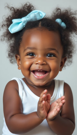 A cheerful baby girl with curly hair and a blue bow claps her hands in delight, radiating pure joy. Her infectious smile and sparkling eyes capture the essence of childhood happiness, making this image a heartwarming celebration of innocence.の素材