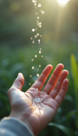 A delicate hand reaches out to catch shimmering water droplets, illuminated by soft sunlight. This enchanting moment captures the essence of natures beauty and the refreshing sensation of water, evoking feelings of tranquility and connection.の素材