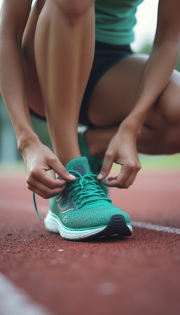 A focused athletic woman kneels on a running track, tying her vibrant green running shoes. The image captures the determination and readiness of a fitness enthusiast, highlighting her commitment to an active lifestyle.の素材
