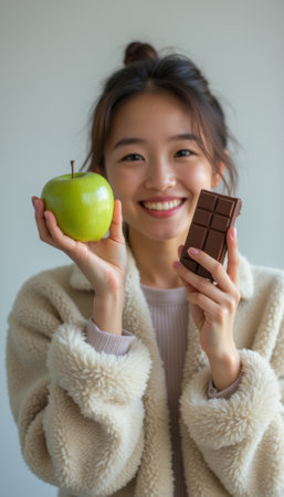 A cheerful young woman with a warm smile holds a green apple in one hand and a chocolate bar in the other, showcasing a delightful contrast between healthy and indulgent choices. Her cozy outfit and bright expression radiate positivity, inviting viewers to embrace balance in their diet.の素材
