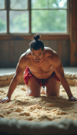 A muscular Asian man kneels in a sandy wrestling ring, exuding determination and strength. The natural light streaming through the windows highlights his intense focus and the texture of the sand, creating a powerful atmosphere of preparation and discipline.の素材