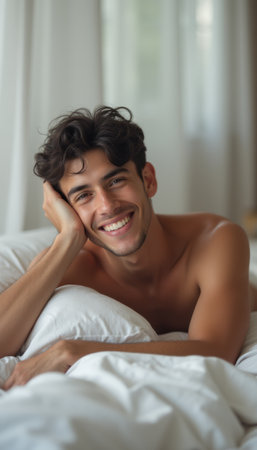 A cheerful young man with curly hair lies comfortably on a bed, resting his head on his hand and radiating warmth and happiness. The soft, bright atmosphere of the room enhances his joyful expression, inviting a sense of tranquility and comfort.の素材