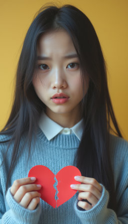 A young Asian woman holds a torn red paper heart, her expression reflecting deep sadness against a warm yellow background. This poignant image captures the essence of heartbreak, evoking emotions of loss and longing through her soulful eyes and delicate features.の素材