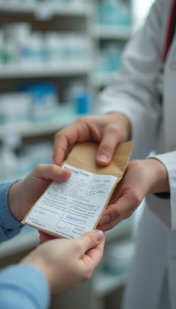 A pharmacist in a white coat hands a prescription to a patient, symbolizing trust and care in healthcare. The warm interaction highlights the importance of communication and support in medical settings.の素材