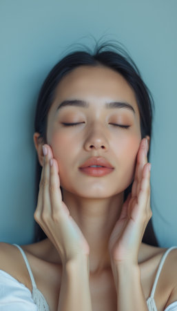 A tranquil young woman with long dark hair closes her eyes, softly cradling her face with her hands against a soothing blue background. This image captures a moment of peace and self-care, evoking feelings of calmness and introspection.の素材