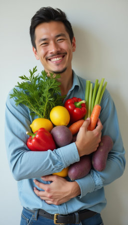 A cheerful Asian man embraces a vibrant collection of fresh vegetables, showcasing his love for healthy living. The image radiates positivity and wellness, featuring bright colors like red, yellow, and green that symbolize vitality and freshness.の素材