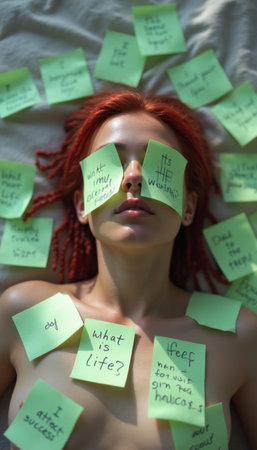 The image captures a contemplative woman with striking red hair, her face partially obscured by colorful sticky notes filled with thought-provoking questions and affirmations. This powerful visual evokes a sense of introspection and vulnerability, inviting viewers to reflect on their own life questions and aspirations.の素材