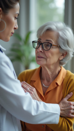 A caring female doctor in a white coat gently comforts an elderly woman with gray hair and glasses, who wears a warm orange blouse and a cozy cardigan. The intimate moment captures the essence of empathy and trust in a healthcare setting, highlighting the bond between caregiver and patient.の素材