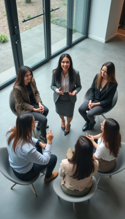 A confident woman stands at the center, engaging with a group of six women seated in a modern office space. The atmosphere is vibrant and collaborative, showcasing teamwork and empowerment among diverse professionals.の素材