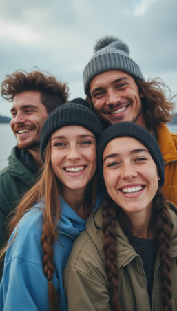 A group of four friends, two men and two women, are joyfully posing together by a serene lake, radiating happiness. Their warm smiles and cozy winter attire create a vibrant atmosphere of friendship and adventure, perfect for capturing the essence of togetherness.の素材