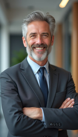 A distinguished older man with a well-groomed beard and silver hair stands confidently in a modern office setting, arms crossed. His genuine smile radiates warmth and professionalism, embodying success and approachability in the corporate world.の素材