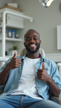 A cheerful Black man sits in a dental chair, flashing two thumbs up with a bright smile. His relaxed demeanor and positive energy create an inviting atmosphere, showcasing a successful dental visit.の素材