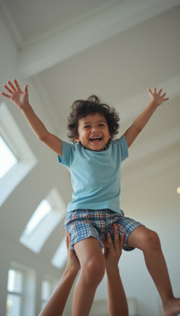 A cheerful young boy with curly hair is joyfully lifted above the ground by an adults hands, radiating pure happiness. The bright, airy room enhances the playful atmosphere, making this moment of carefree joy truly unforgettable.の素材