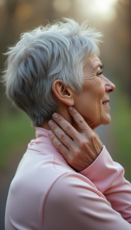 A radiant elderly woman with short silver hair smiles softly while gently touching her neck, basking in the warmth of a sunlit outdoor setting. Her serene expression and relaxed posture convey a deep sense of peace and contentment, celebrating the beauty of life and nature.の素材