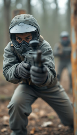 A focused player in tactical gear aims a paintball gun, showcasing determination and adrenaline in a thrilling outdoor setting. The blurred figure behind adds to the excitement, emphasizing teamwork and strategy in this competitive sport.の素材