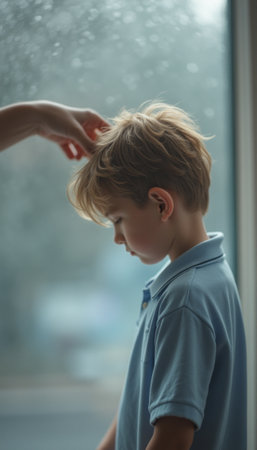 A young boy stands quietly by a window, his head slightly bowed as a gentle hand brushes his hair. This intimate scene captures the warmth of parental love and care, evoking feelings of tenderness and connection.の素材