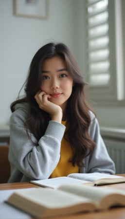 A young Asian woman sits at a wooden table, resting her chin on her hand, surrounded by open books. Her serene expression and cozy setting evoke a sense of curiosity and dedication to learning.の素材