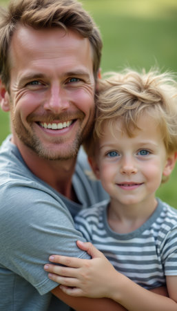 A smiling father holds his young son close, both radiating happiness in a lush green outdoor setting. Their joyful expressions and affectionate pose capture the essence of love and family bonding, creating a heartwarming scene.の素材