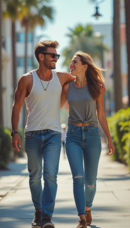 A stylish couple strolls down a sunlit street, radiating happiness and connection. Their casual outfits and warm smiles reflect a carefree day filled with love and laughter amidst palm trees.の素材