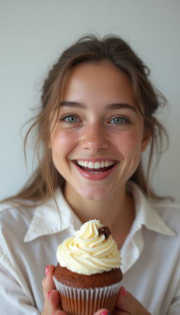A cheerful young woman with bright blue eyes and a radiant smile holds a delectable cupcake topped with creamy frosting. Her joyful expression and the inviting treat create a delightful atmosphere of celebration and happiness.の素材