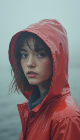 The image captures a young woman with soft features, wearing a vibrant red raincoat, standing against a misty backdrop. Her contemplative expression and the muted colors of the scene evoke a sense of introspection and tranquility amidst natures embrace.の素材