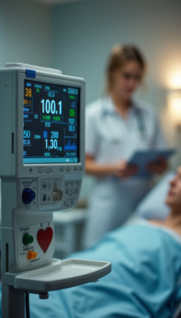 A medical monitor displays vital signs in a softly lit hospital room, while a nurse reviews information on a tablet beside a patient. This image captures the essence of healthcare, highlighting the dedication of medical professionals and the importance of patient care.の素材