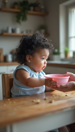 A delightful baby with curly hair sits at a wooden table, reaching for a pink bowl with an expression of curiosity. The warm kitchen setting, filled with soft natural light, enhances the scene of exploration and innocence.の素材