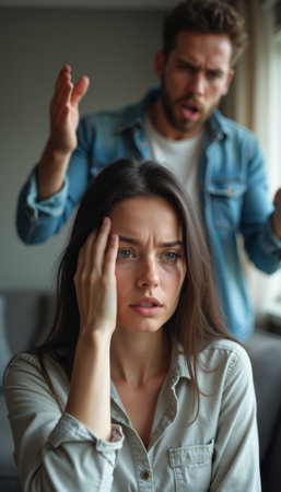 A distressed woman sits with her hand on her forehead, while a man in a denim jacket gestures animatedly in the background, expressing frustration. This intense moment captures the raw emotions of a heated argument, highlighting the tension and vulnerability in their relationship.の素材