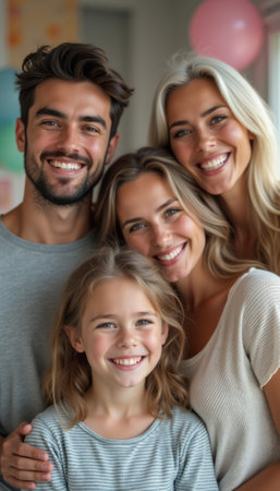 A cheerful family of four, including two adults and two children, radiates happiness in a bright, festive setting. Their warm smiles and close embrace capture the essence of love and togetherness, perfect for celebrating family bonds.の素材