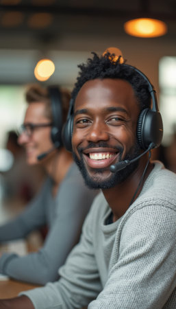 A smiling Black man wearing a headset sits at a desk in a vibrant office, exuding positivity and engagement. His joyful expression contrasts with the focused atmosphere, highlighting teamwork and collaboration in a modern workspace.の素材