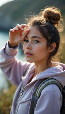 A serene young woman with a stylish bun poses outdoors, gently touching her forehead as she gazes thoughtfully into the distance. Her soft expression and casual pink hoodie reflect a sense of adventure and tranquility amidst a beautiful natural backdrop.の素材