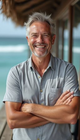 A cheerful middle-aged man with gray hair stands confidently by the beach, arms crossed and a warm smile on his face. The vibrant ocean waves and sunny backdrop enhance the joyful atmosphere, reflecting a sense of relaxation and contentment.の素材