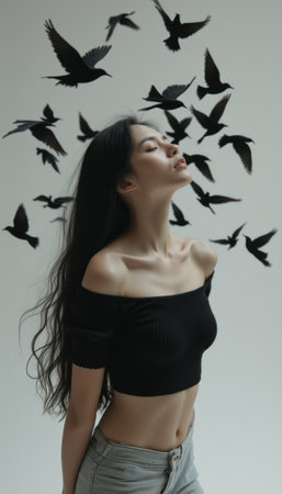 A serene young woman with long, flowing hair stands gracefully, her eyes closed, as black birds swirl around her, creating a captivating scene. This artistic image symbolizes freedom and introspection, blending human beauty with the essence of nature.の素材