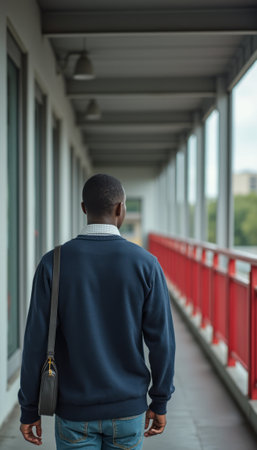 A young Black man in a navy sweater walks confidently down a sleek corridor, flanked by large windows and vibrant red railings. The image captures a moment of contemplation and purpose, highlighting the blend of urban architecture and personal journey.の素材