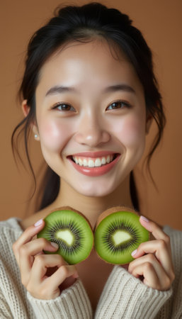 A cheerful young woman with glowing skin smiles brightly while holding two halves of a vibrant green kiwi. The warm, earthy background enhances her joyful expression, making the image a perfect representation of health and vitality.の素材