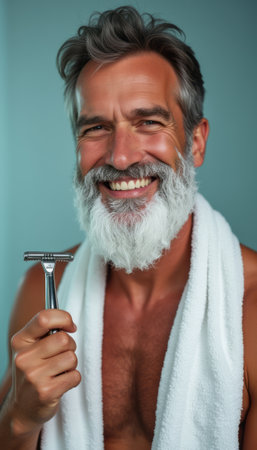 A cheerful mature man with a full beard and silver hair holds a razor, wrapped in a towel, exuding confidence and joy. His warm smile and relaxed demeanor create an inviting atmosphere, perfect for grooming and self-care.の素材