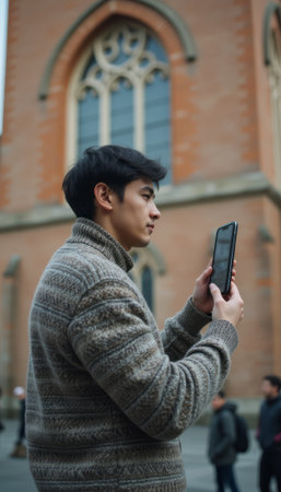 A young Asian man stands outside a stunning historic building, intently focused on his smartphone. The intricate architecture behind him adds a sense of grandeur, while his casual sweater contrasts with the elegant surroundings, creating a modern yet timeless scene.の素材