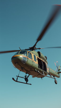 A military helicopter hovers gracefully against a clear blue sky, showcasing its sleek design and powerful rotors. The vibrant green and orange colors highlight its robust structure, symbolizing strength and agility in aerial operations.の素材