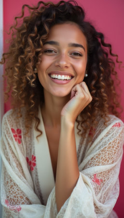 A joyful woman with beautiful curly hair beams with happiness, resting her chin on her hand against a vibrant pink background. Her warm smile and glowing skin radiate positivity and confidence, capturing a moment of pure joy and self-assurance.の素材